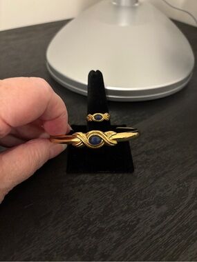 Gold Tone Blue Stone Twist Bracelet and Ring Set - Women Jewelry